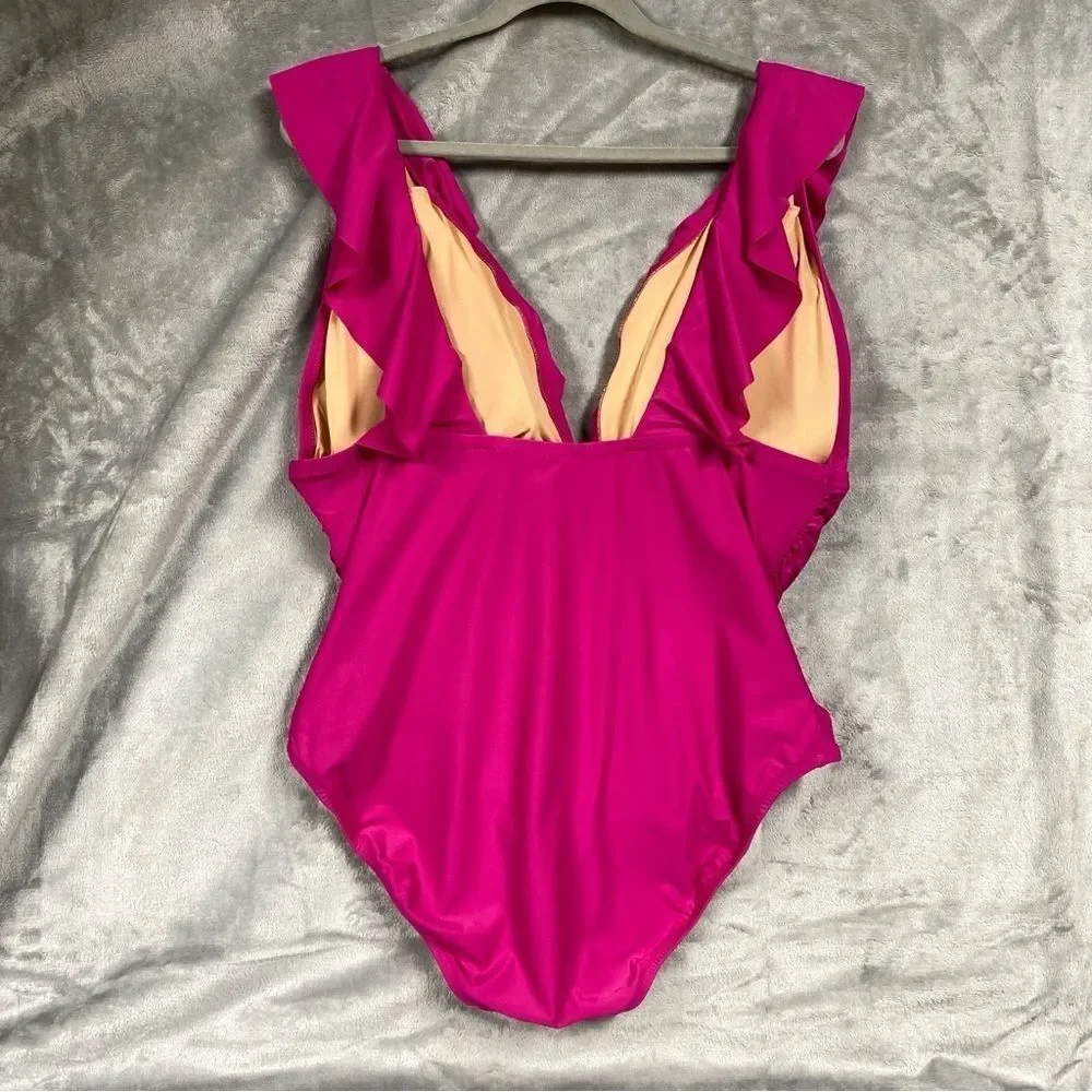 NEW J. Crew Ruched Ruffle One Piece Swimsuit Deep V Neck Size 20 Radiant Fuchsia